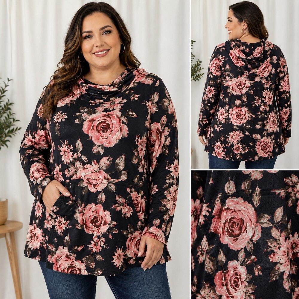 LuLaRoe Amber Hoodie NWT 3XL Black Pink Floral Print